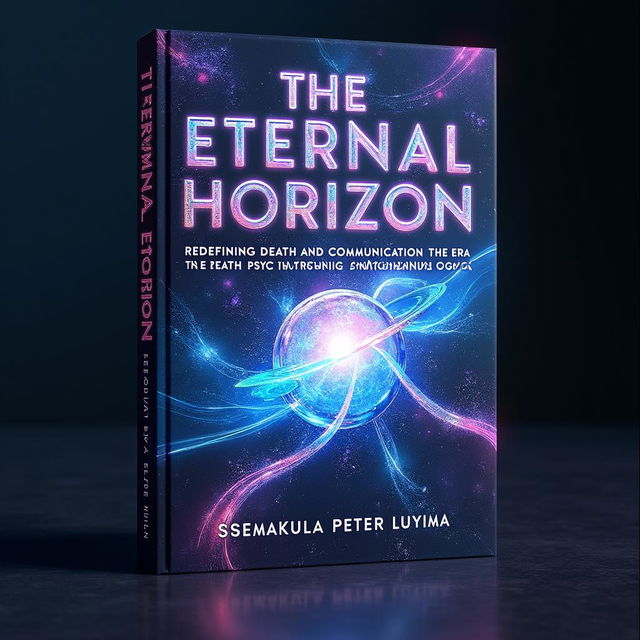 A stunning holographic book cover design for 'The Eternal Horizon: Redefining Death and Communication in the Era of Psychotronic and Quantum Logic' authored by Ssemakula Peter Luyima