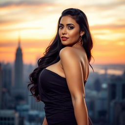 A stunning portrait of a confident woman with a curvy figure, emphasizing her voluptuous breasts, wearing a stylish and elegant outfit that accentuates her curves