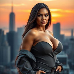 A stunning portrait of a confident woman with a curvy figure, emphasizing her voluptuous breasts, wearing a stylish and elegant outfit that accentuates her curves