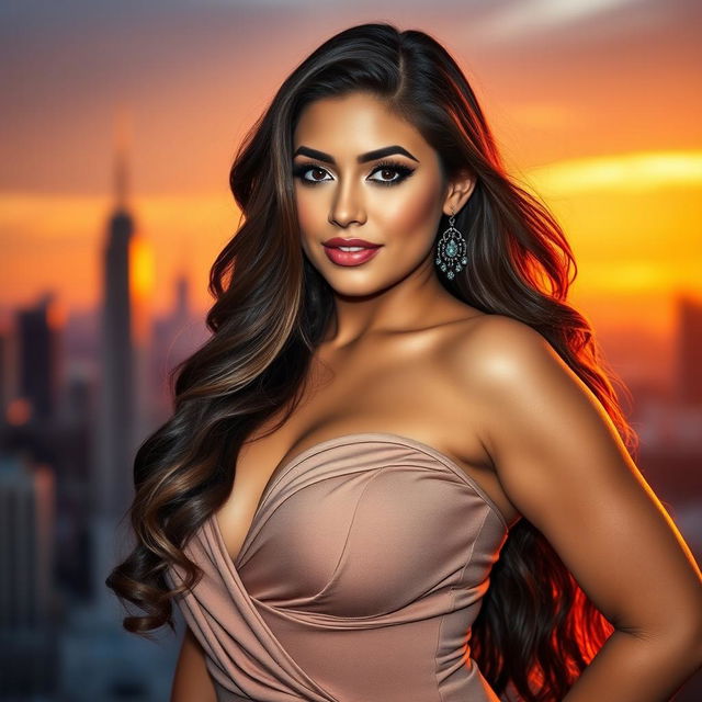 A stunning portrait of a confident woman with a curvy figure, emphasizing her voluptuous breasts, wearing a stylish and elegant outfit that accentuates her curves