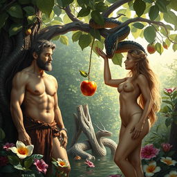 A captivating depiction of Adam and Eve beneath the Tree of Knowledge, also known as the Tree of Good and Evil