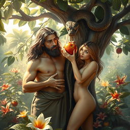 A captivating depiction of Adam and Eve beneath the Tree of Knowledge, also known as the Tree of Good and Evil