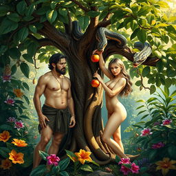 A captivating depiction of Adam and Eve beneath the Tree of Knowledge, also known as the Tree of Good and Evil