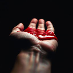 A close-up image of a hand gripping a handful of bright red blood, with vivid details showcasing the texture and richness of the liquid