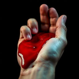 A close-up image of a hand gripping a handful of bright red blood, with vivid details showcasing the texture and richness of the liquid