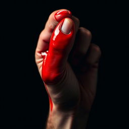 A close-up image of a hand gripping a handful of bright red blood, with vivid details showcasing the texture and richness of the liquid