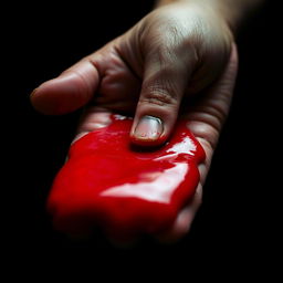 A close-up image of a hand gripping a handful of bright red blood, with vivid details showcasing the texture and richness of the liquid