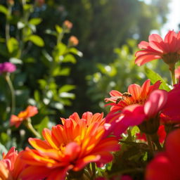 A close-up of vibrant, colorful flowers in a lush garden, showcasing intricate details of petals and leaves