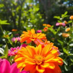 A close-up of vibrant, colorful flowers in a lush garden, showcasing intricate details of petals and leaves