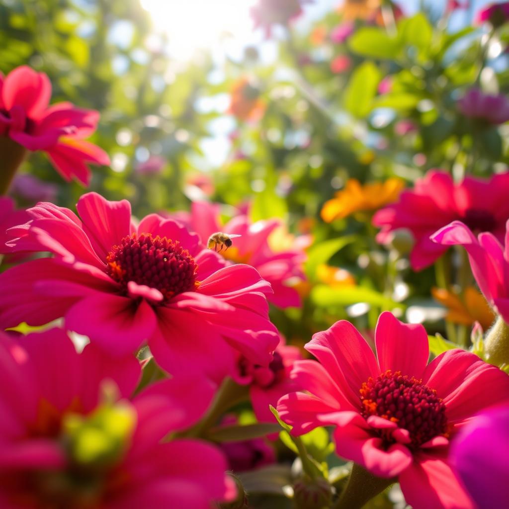 A close-up of vibrant, colorful flowers in a lush garden, showcasing intricate details of petals and leaves