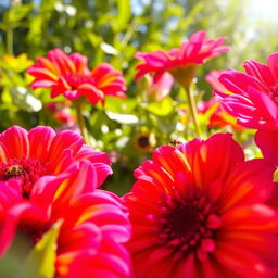 A close-up of vibrant, colorful flowers in a lush garden, showcasing intricate details of petals and leaves