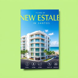 A vibrant and eye-catching real estate cover for a new property in Santos, SP