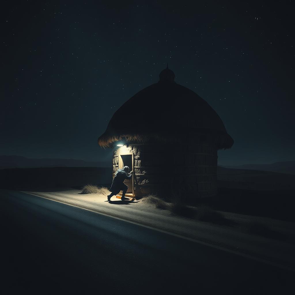 A dramatic nighttime scene depicting thieves attempting to climb the wall of a large thatched and domed chicken coop in the middle of a desolate desert