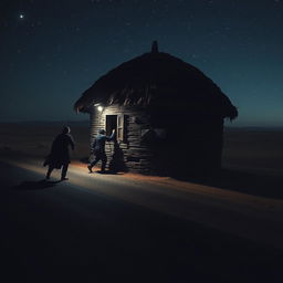 A dramatic nighttime scene depicting thieves attempting to climb the wall of a large thatched and domed chicken coop in the middle of a desolate desert