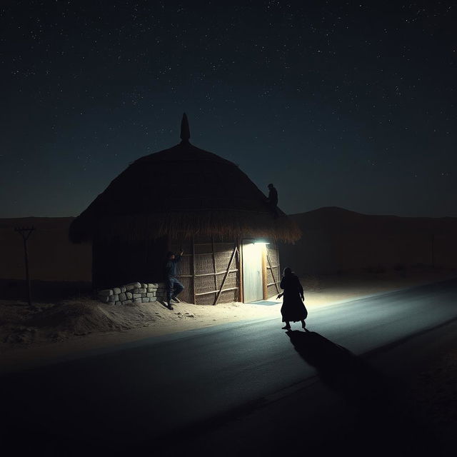 A dramatic nighttime scene depicting thieves attempting to climb the wall of a large thatched and domed chicken coop in the middle of a desolate desert