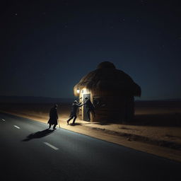 A dramatic nighttime scene depicting thieves attempting to climb the wall of a large thatched and domed chicken coop in the middle of a desolate desert