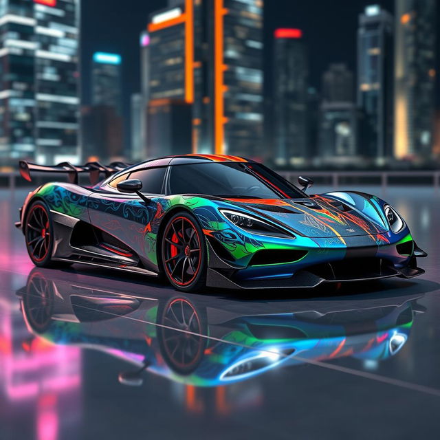 Concept art of a Koenigsegg Agera RS hypercar showcasing a special livery, featuring a futuristic design with vibrant colors and abstract patterns