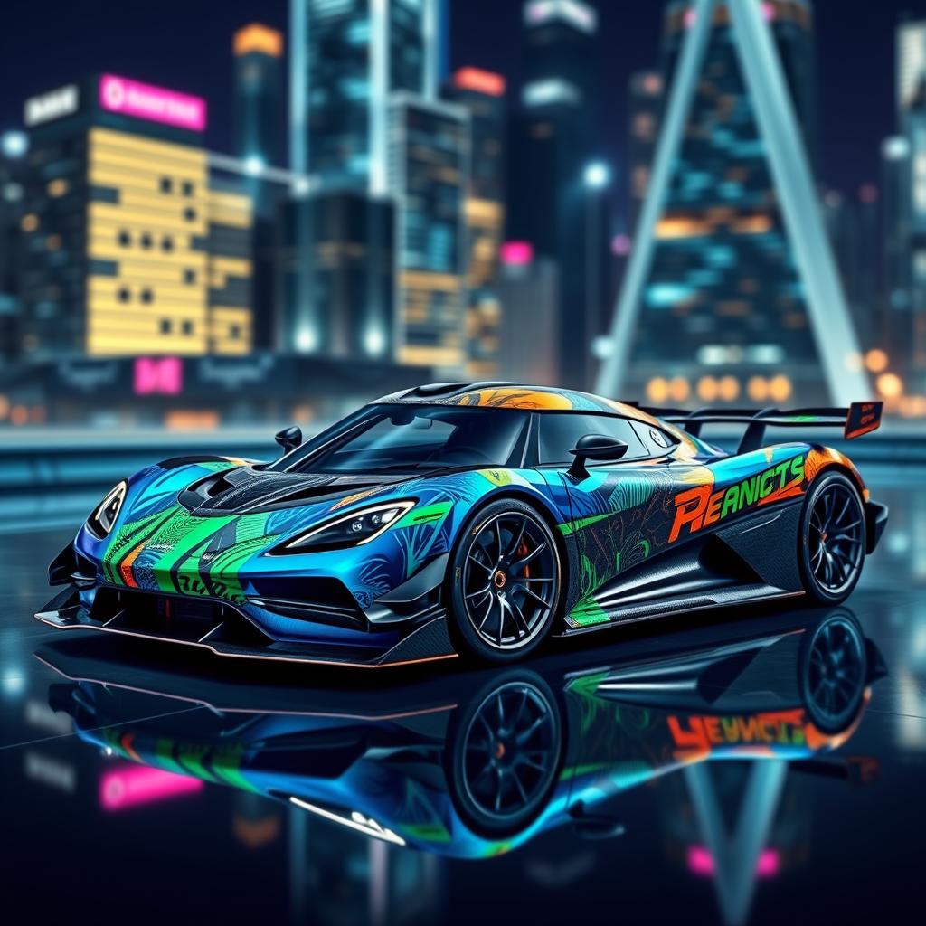 Concept art of a Koenigsegg Agera RS hypercar showcasing a special livery, featuring a futuristic design with vibrant colors and abstract patterns