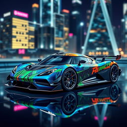 Concept art of a Koenigsegg Agera RS hypercar showcasing a special livery, featuring a futuristic design with vibrant colors and abstract patterns