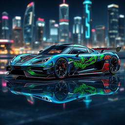 Concept art of a Koenigsegg Agera RS hypercar showcasing a special livery, featuring a futuristic design with vibrant colors and abstract patterns