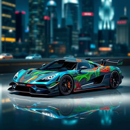 Concept art of a Koenigsegg Agera RS hypercar showcasing a special livery, featuring a futuristic design with vibrant colors and abstract patterns
