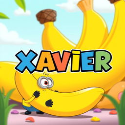 A whimsical cartoon scene inspired by the playful and colorful style of 'Despicable Me', featuring a large yellow banana in the background