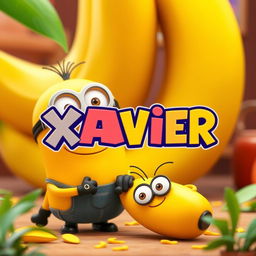 A whimsical cartoon scene inspired by the playful and colorful style of 'Despicable Me', featuring a large yellow banana in the background