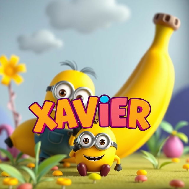 A whimsical cartoon scene inspired by the playful and colorful style of 'Despicable Me', featuring a large yellow banana in the background