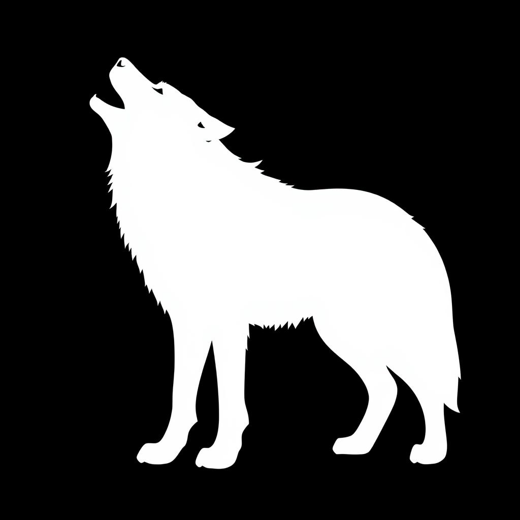 A silhouette of a wolf howling, set against a stark black background