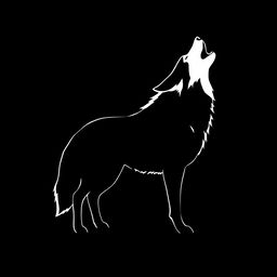 A silhouette of a wolf howling, set against a stark black background
