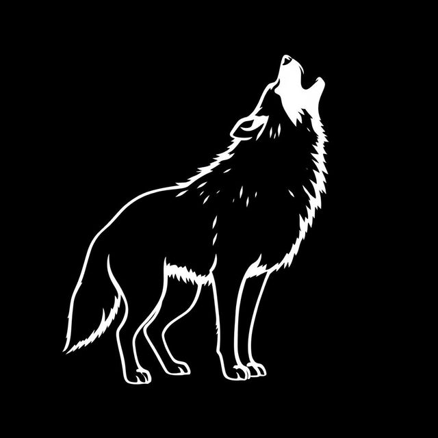 A silhouette of a wolf howling, set against a stark black background