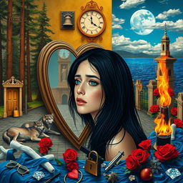 A beautiful, stunning young woman with black hair and crystal blue eyes is crying in a dreamy, psychedelic Salvador Dali-inspired world