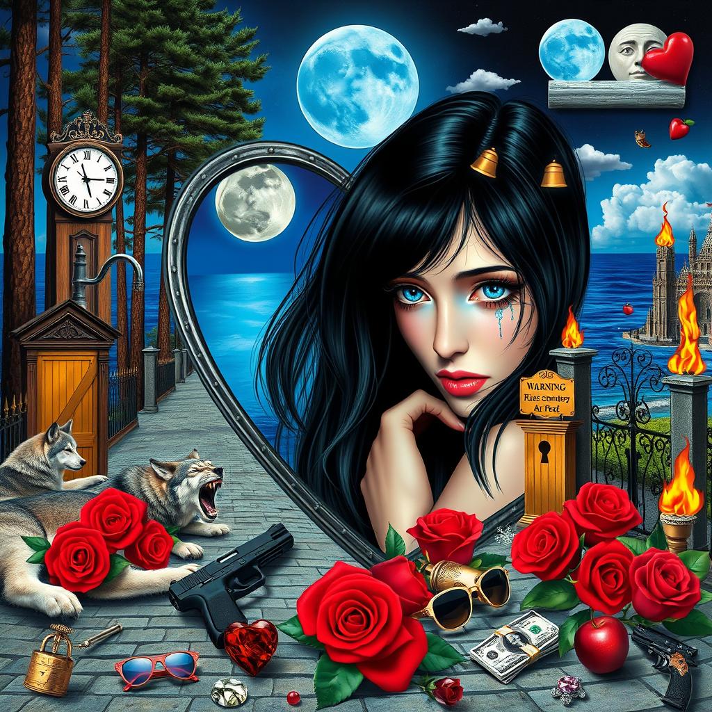 A beautiful, stunning young woman with black hair and crystal blue eyes is crying in a dreamy, psychedelic Salvador Dali-inspired world