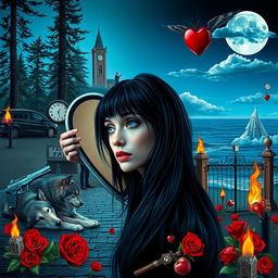 A beautiful, stunning young woman with black hair and crystal blue eyes is crying in a dreamy, psychedelic Salvador Dali-inspired world