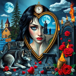 A beautiful, stunning young woman with black hair and crystal blue eyes is crying in a dreamy, psychedelic Salvador Dali-inspired world