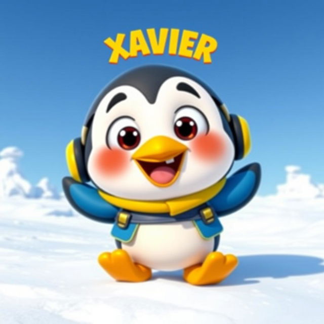 A whimsical cartoon character resembling a small penguin with large expressive eyes and a cheerful smile, sporting a vibrant blue and yellow outfit reminiscent of a winter explorer