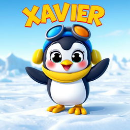 A whimsical cartoon character resembling a small penguin with large expressive eyes and a cheerful smile, sporting a vibrant blue and yellow outfit reminiscent of a winter explorer