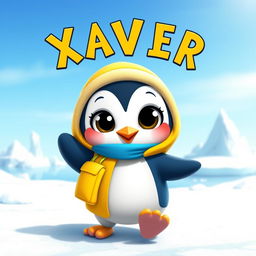 A whimsical cartoon character resembling a small penguin with large expressive eyes and a cheerful smile, sporting a vibrant blue and yellow outfit reminiscent of a winter explorer