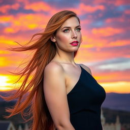 A stunning portrait of a woman with long, flowing red hair wearing an elegant black dress, set against a vibrant sunset sky filled with hues of orange, pink, and purple