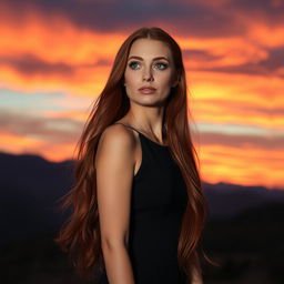 A stunning portrait of a woman with long, flowing red hair wearing an elegant black dress, set against a vibrant sunset sky filled with hues of orange, pink, and purple