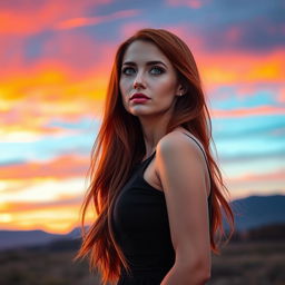 A stunning portrait of a woman with long, flowing red hair wearing an elegant black dress, set against a vibrant sunset sky filled with hues of orange, pink, and purple