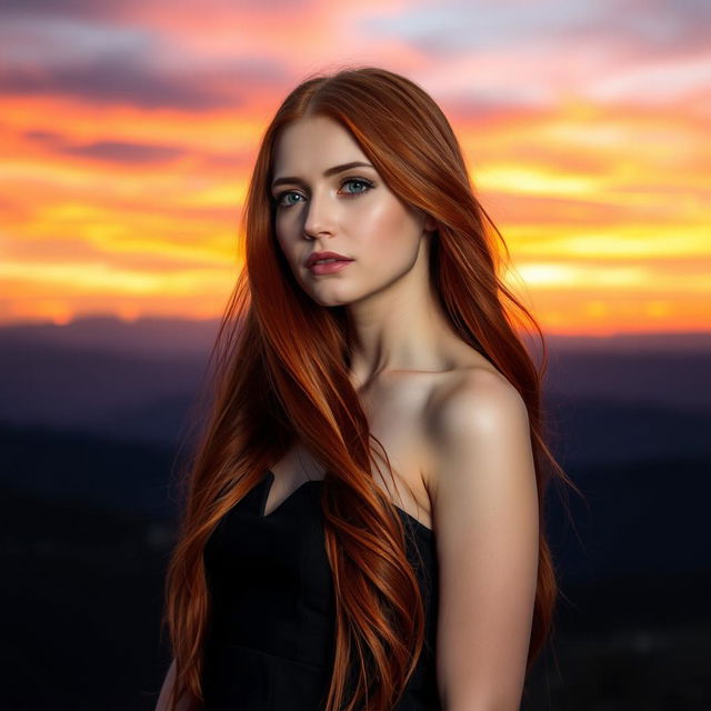 A stunning portrait of a woman with long, flowing red hair wearing an elegant black dress, set against a vibrant sunset sky filled with hues of orange, pink, and purple