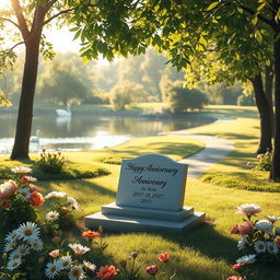 A serene and reflective scene depicting a tranquil landscape to honor a death anniversary