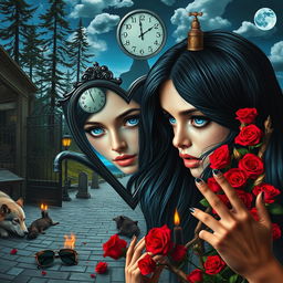 A beautiful, stunning young woman with flowing black hair and striking crystal blue eyes is crying amidst a dreamy, psychedelic Salvador Dali-inspired landscape