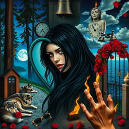 A beautiful, stunning young woman with flowing black hair and striking crystal blue eyes is crying amidst a dreamy, psychedelic Salvador Dali-inspired landscape