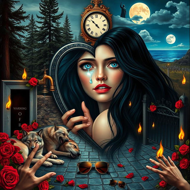 A beautiful, stunning young woman with flowing black hair and striking crystal blue eyes is crying amidst a dreamy, psychedelic Salvador Dali-inspired landscape