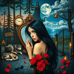 A beautiful, stunning young woman with flowing black hair and striking crystal blue eyes is crying amidst a dreamy, psychedelic Salvador Dali-inspired landscape