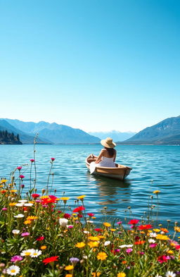 A beautiful, serene landscape featuring a peaceful lake surrounded by majestic mountains under a bright blue sky