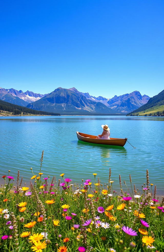 A beautiful, serene landscape featuring a peaceful lake surrounded by majestic mountains under a bright blue sky