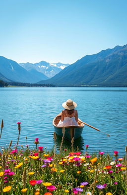 A beautiful, serene landscape featuring a peaceful lake surrounded by majestic mountains under a bright blue sky